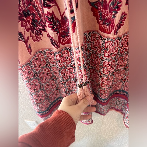 Angie Long Blouse Pink Lace Front Tie Crocheted Tassels Boho Western Small - Picture 6 of 7